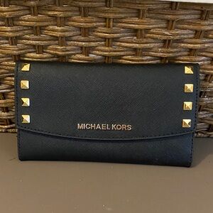 Michael Kors Black Saffiano Leather Wallet with Gold Logo and Studs